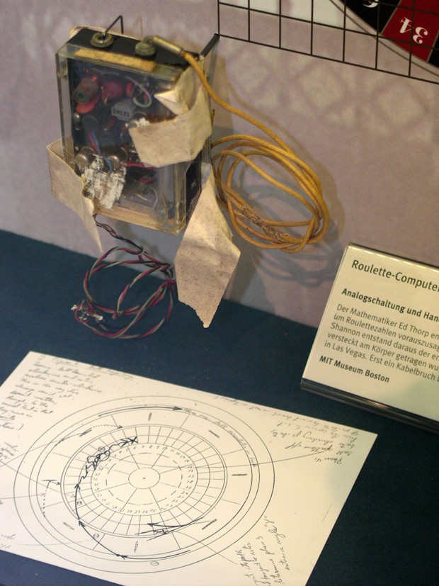 This main unit would be worn with one wire running into the shoe to track timing of the roulette wheel, while another would run up to an earpiece for receiving the audio-based results (Courtesy of Edward Thorp)