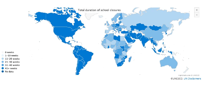 Map showing data from Unesco on Total duration of school closures